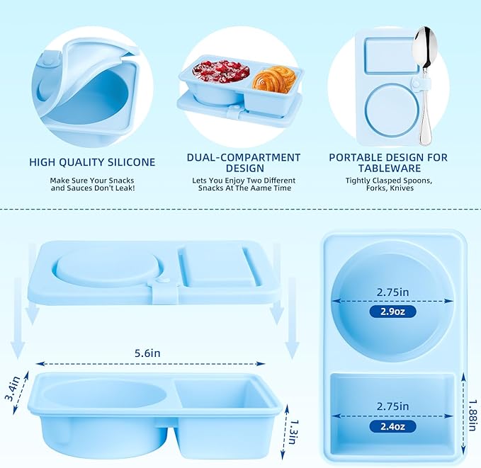 3 Pack Silicone Reusable Snack Containers with Lids, Double Compartment Snackle Box Containers, Salad Dressing Sauce Seasoning Container, Small Mini Food Snack Boxs for Travel, Office, Picnic