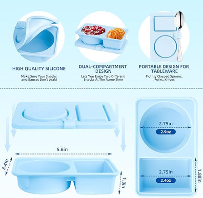 3 Pack Silicone Reusable Snack Containers with Lids, Double Compartment Snackle Box Containers, Salad Dressing Sauce Seasoning Container, Small Mini Food Snack Boxs for Travel, Office, Picnic