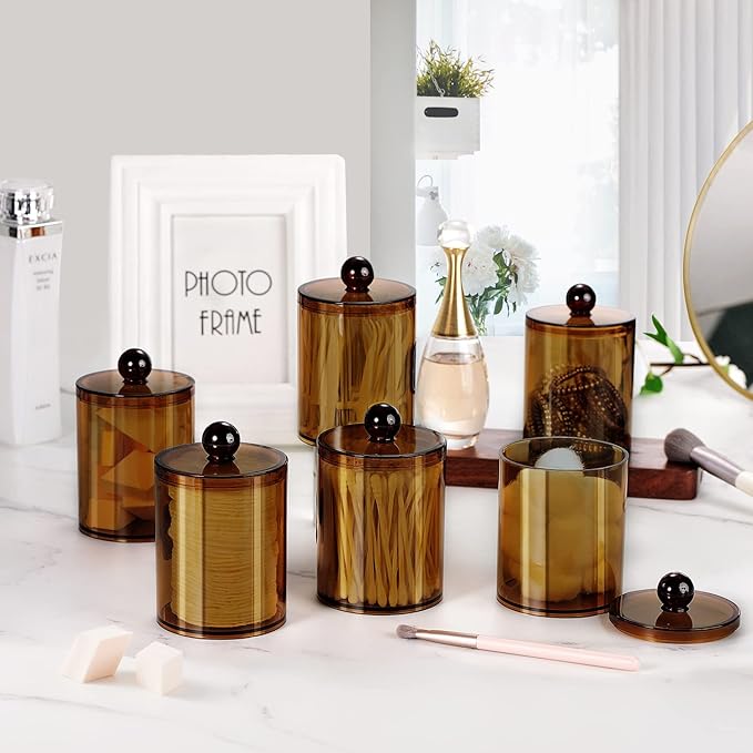 SheeChung 6 Pack Acrylic Qtip Holder,Apothecary Jars Set with Lids,10oz -12oz Clear Plastic Canister,Bathroom Vanity Organizer for Cotton Swabs,Balls,Pads,Modern Farmhouse Home Decor (Amber)