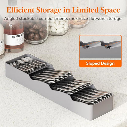 Lifewit Small Flatware Drawer Organizer, Compact Narrow Silverware Tray for Kitchen Drawers, Plastic Cutlery Holder for Spoons, Forks, Knives – Fits Small & Slim Kitchen Drawers, Gray