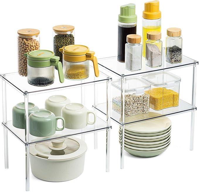 Bobomoment Acrylic Cabinet Organizer, Set of 4 Spice Rack Organizer for Cabinet, Desk Countertop Shelf Organizer, Pantry Kitchen Storage and Organization, Stackable Shelves House Essentials for Gift