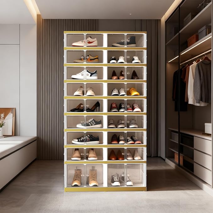 SYNCVIBE Shoe Rack Organizer for Closet Entryway Foldable Sneaker Storage Shoe, Collapsible Shoe Cabinet, Stackable Shoe Storage Cabinet with Lids for Living Room (9 Tiers -36 Pairs White Gold)