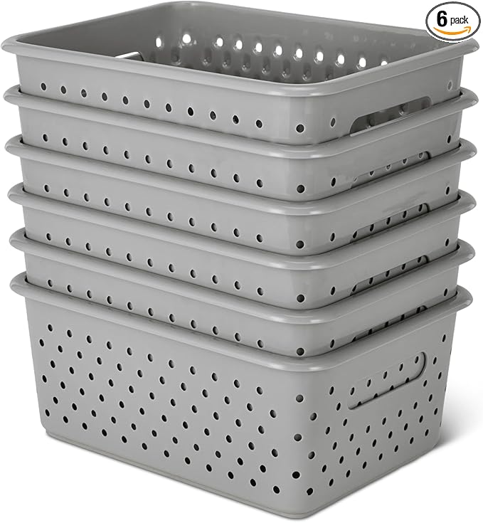 Amazon Basics Decorative BPA-Free Plastic Storage Baskets, 9.9 x 7.4 x 4.16, Grey, Pack of 6