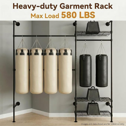 F2 Wall Mounted Closet System, Industrial Pipe Clothing Rack for Hanging Clothes, Heavy Duty Closet Organizer System, Clothes Racks with Shelves & Expandable Rod for Wardrobe, Corner, Black