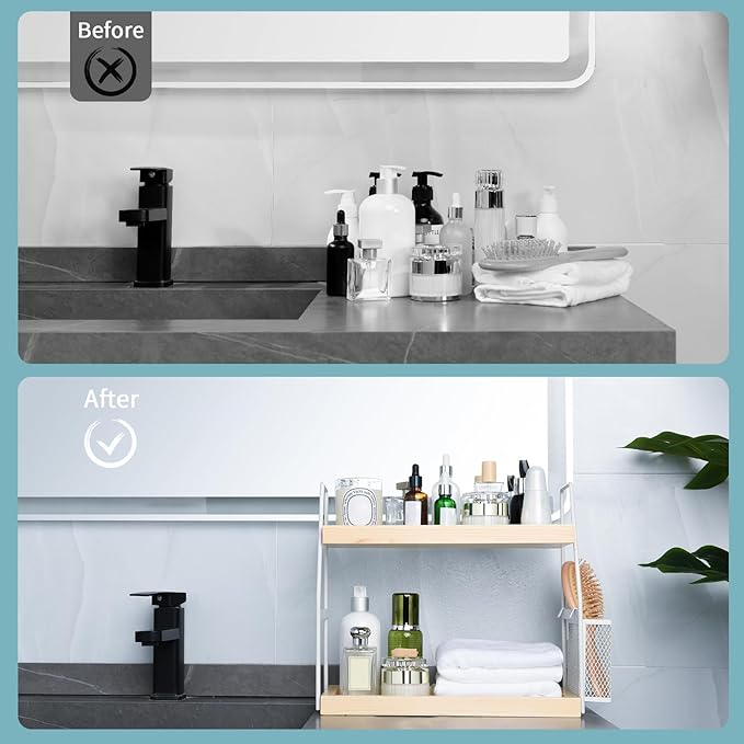 Bathroom Counter Organizer, 2-Tier Standing Storage Shelf with Basket, Wood Tray for Skincare Vanity Organizer(White)
