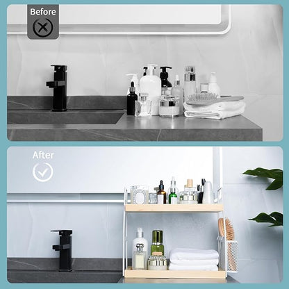 Bathroom Counter Organizer, 2-Tier Standing Storage Shelf with Basket, Wood Tray for Skincare Vanity Organizer(White)