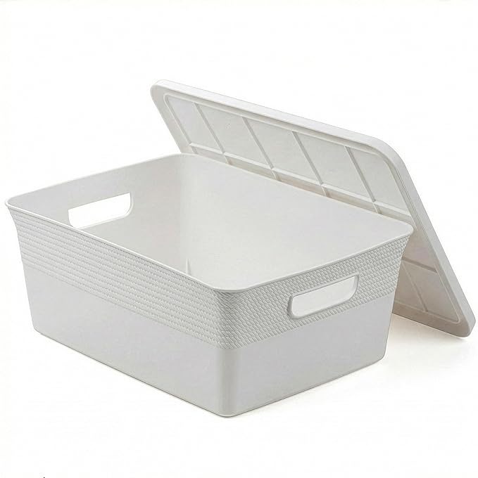 BINO | Plastic Storage Bins with Lids, 13 Liter - 3 Pack, White | THE BRAIDED COLLECTION | Plastic Bins for Organization Woven Storage Baskets for Organizing Pantry Shelf Organizer Basket Bin