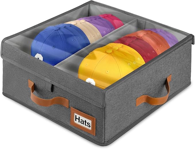 Dofilachy 2-in-1 Stackable Hat Storage for Baseball Caps with Clear Lid, Holds 28-32 Caps - Adjustable Space Hat Organizer for Baseball & Cowboy Hats, Closet Box for Men & Women (Deep Grey)
