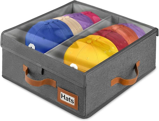 Dofilachy 2-in-1 Stackable Hat Storage for Baseball Caps with Clear Lid, Holds 28-32 Caps - Adjustable Space Hat Organizer for Baseball & Cowboy Hats, Closet Box for Men & Women (Deep Grey)