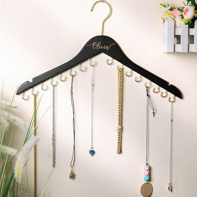 NICEDREAM Custom Name Necklace Holder Jewelry Hanger Bracelet Holder with 16 Hooks Personalized Name Necklace Organizer Wooden Hanging Jewelry Holder Gift for Her Women Girls Mom (Black)