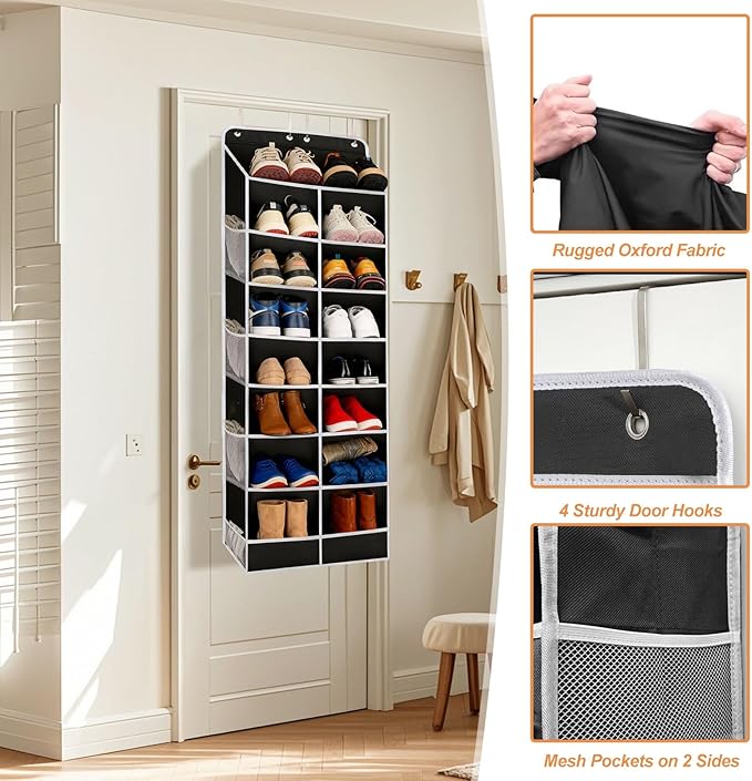 8-Layer Over The Door Shoe Organizer with 16 Compartments, Pockets Heavy-Duty Non-Woven Fabric Hanging Shoes Storage Rack,Hanging Shoe Rack Space Saving Shoe Storage for Bedroom Closet Bathroom