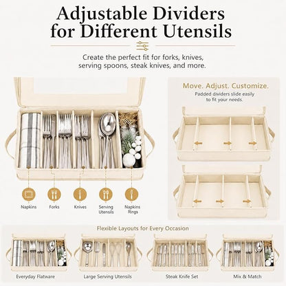 Joyfol Day Flatware Utensil Storage Case, Beige Silverware Storage Box Chest with Adjustable Dividers, Removable Cutlery Storage Holder with Zipper Lid for Organizing Spoon/Flatware/Knives