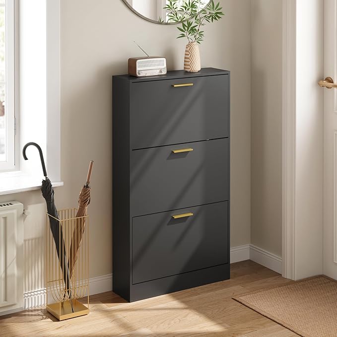 Shoe Cabinet with 3 Flip Drawers, Shoe Cabinet Storage for Entryway, Black Modern Shoe Organizer Wood, Freestanding Small Thin Shoe Racks with Doors, Black