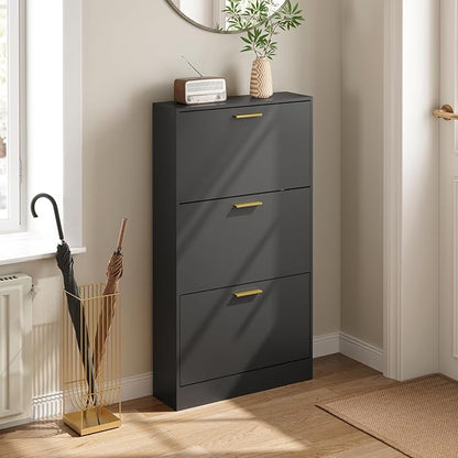 Shoe Cabinet with 3 Flip Drawers, Shoe Cabinet Storage for Entryway, Black Modern Shoe Organizer Wood, Freestanding Small Thin Shoe Racks with Doors, Black