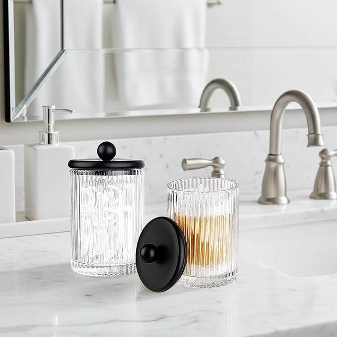 SheeChung 4-Pack Black Ribbed Glass Qtip Holder - Apothecary Jars Bathroom Organizer Set with Lids - Vanity Storage Canisters for Cotton Balls, Pads, Swabs, Floss Picks - Modern Farmhouse
