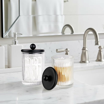 SheeChung 4-Pack Black Ribbed Glass Qtip Holder - Apothecary Jars Bathroom Organizer Set with Lids - Vanity Storage Canisters for Cotton Balls, Pads, Swabs, Floss Picks - Modern Farmhouse