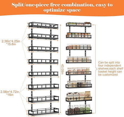 X-cosrack 8-Tier Adjustable Spice Rack – Wall-Mounted Space-Saving Organizer with Mixed Baskets, Large-Capacity Seasoning Holder for Kitchen & Pantry (Black)