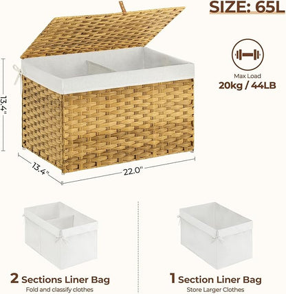 Greenstell Storage Basket with Lid, 65L Small Wicker Basket with Lid, Handwoven Blanket Storage Basket with Handles, Removable Cotton Liner, Metal Frame, Foldable for Bedroom, Laundry Room, Natural