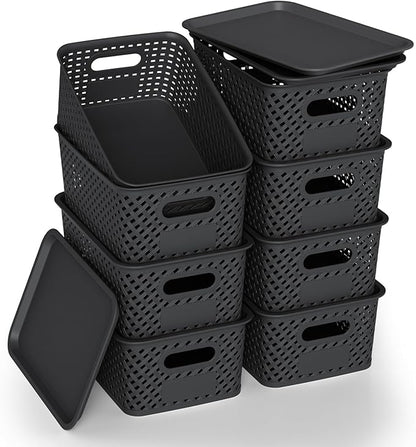 Plastic Storage Bins with Lid, Stackable Small Box Basket for Organizing and Containers for Shelves Drawers Desktop Closet Playroom Pantry Classroom Office Home, 8-pack 10.2x7.2x4.1 Inch, Black