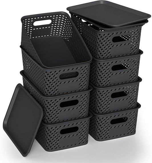Plastic Storage Bins with Lid, Stackable Small Box Basket for Organizing and Containers for Shelves Drawers Desktop Closet Playroom Pantry Classroom Office Home, 8-pack 10.2x7.2x4.1 Inch, Black