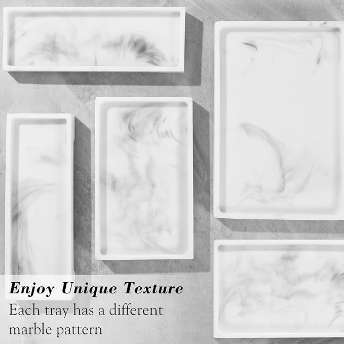 Luxspire Bathroom Vanity Tray, Resin Toilet Tank Tray, Kitchen Trays, 11" x 4" Rectangle Bathroom Tray for Counter, Marble Tray for Soap Dispenser Perfume Jewelry, Small, White Marble