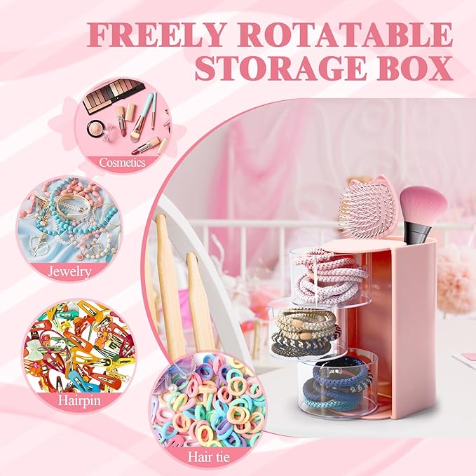 3-Tier Rotating Hair Accessories Organizer with Hair Brush Holder, Makeup Brush Organizer, Hair Tie and Hair Clip Organizer, Jewelry Storage for Girls, Pink