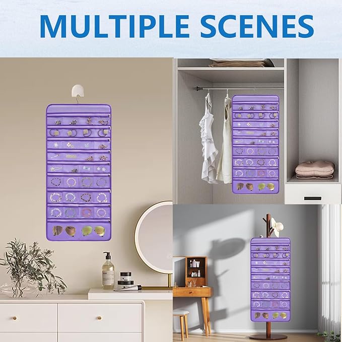 Travel Jewelry Organizer Dual Sided Hanging Earring Holder Bracelet Storage Rolls Rings Display Case with 68 Zippered Pockets (PURPLE)