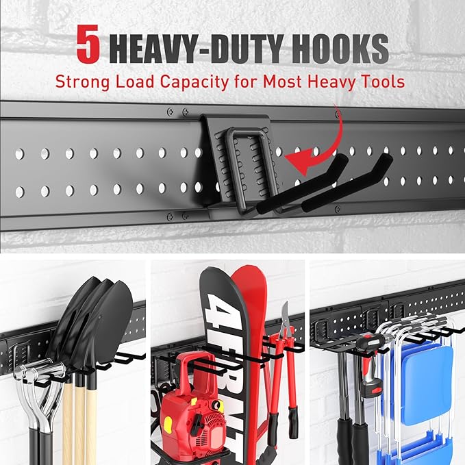 Garage Tool Organizer Wall Mount 66 inches with 13 Adjustable Heavy-Duty Hooks, Garage Organization, Garden Tool Storage Rack, Yard, and Shed, Holds Up to 520 lbs