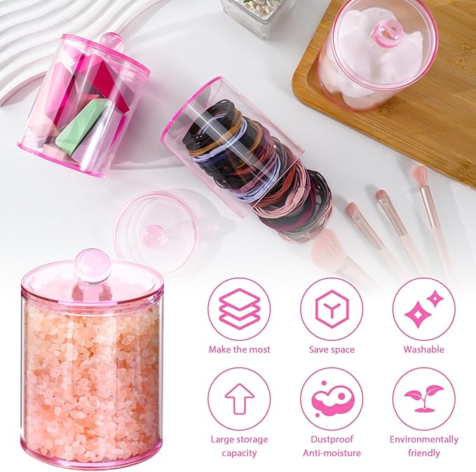 XIPENGKEJI 2 Pack Qtip Holder,Canister Apothecary Jar Set, Bathroom Jars with Lids Set for Cotton Swabs, Balls, Pads, Floss Picks,10oz-12oz Plastic Canisters Restroom Bedroom Vanity Organizer(Pink)