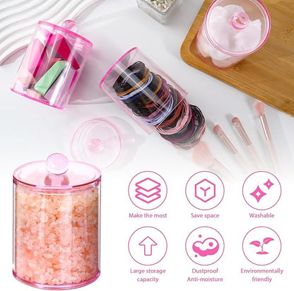 XIPENGKEJI 2 Pack Qtip Holder,Canister Apothecary Jar Set, Bathroom Jars with Lids Set for Cotton Swabs, Balls, Pads, Floss Picks,10oz-12oz Plastic Canisters Restroom Bedroom Vanity Organizer(Pink)