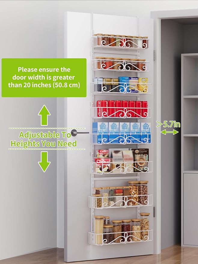 Over the Door Pantry Organizer - 8-Tier Adjustable Pantry Organization And Storage, Metal Hanging Door for Kitchen Pantry Organizers，White