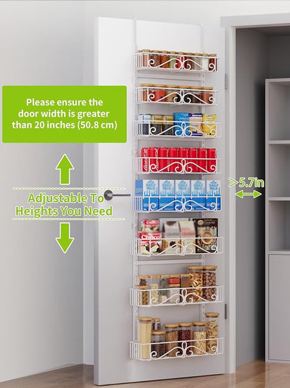 Over the Door Pantry Organizer - 8-Tier Adjustable Pantry Organization And Storage, Metal Hanging Door for Kitchen Pantry Organizers，White