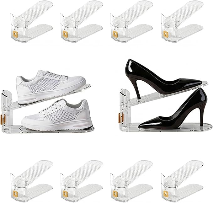 FUSHITON Shoe Organizer for Closet, Stackable Shoe Rack with 3 Adjustable Heights, Double Layer Space Saving Clear Holder for Small Apartment and Dorm Room, 10 Pack