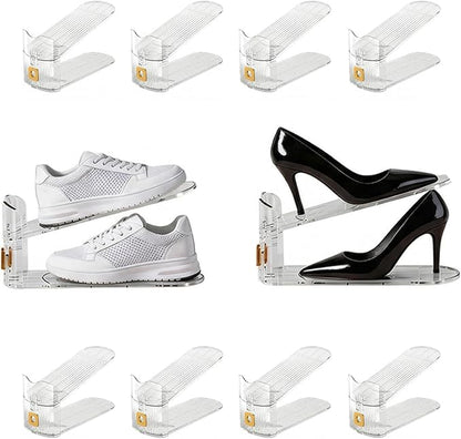 FUSHITON Shoe Organizer for Closet, Stackable Shoe Rack with 3 Adjustable Heights, Double Layer Space Saving Clear Holder for Small Apartment and Dorm Room, 10 Pack