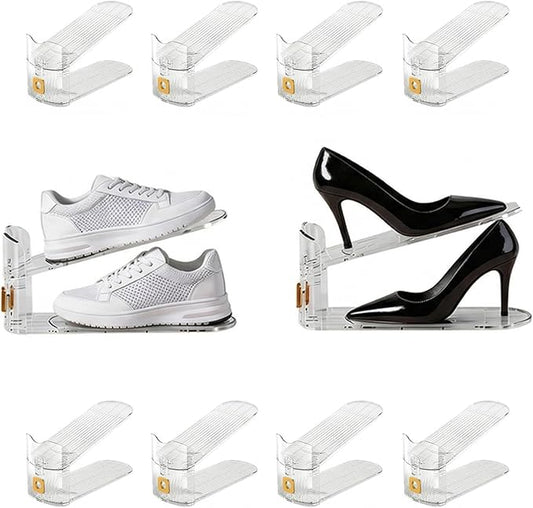 FUSHITON Shoe Organizer for Closet, Stackable Shoe Rack with 3 Adjustable Heights, Double Layer Space Saving Clear Holder for Small Apartment and Dorm Room, 10 Pack