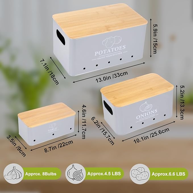 Kitchen Vegetable Storage Set of 3, Metal Onion Garlic Potato Storage Set, Kitchen Canisters Vegetable Keeper Containers with Aerating Holes and Wooden Lid (Grey)