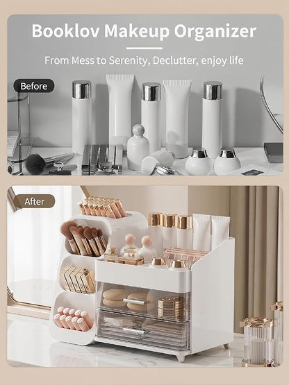 Booklov Makeup Organizer for Vanity, Large Capacity Cosmetic Display Case with Clear Acrylic Drawer, Countertop Beauty Storage Holder for Skincare, Brush Eyeshadow Lipstick Counter Desk, Crystal White