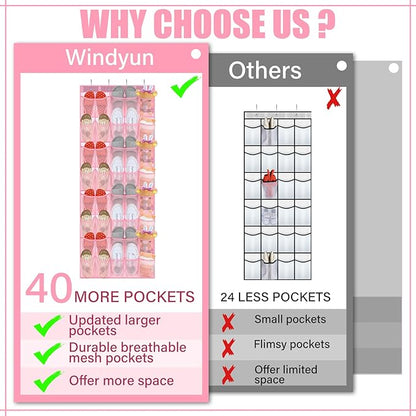 Windyun 40 Over the Door Shoe Organizer Large Breathable Mesh Pockets Pink Hanging Shoe Rack for Closet Behind Door Hanger Storage Holder Nonslip Hooks for Women Entryway Bedroom Utility Room