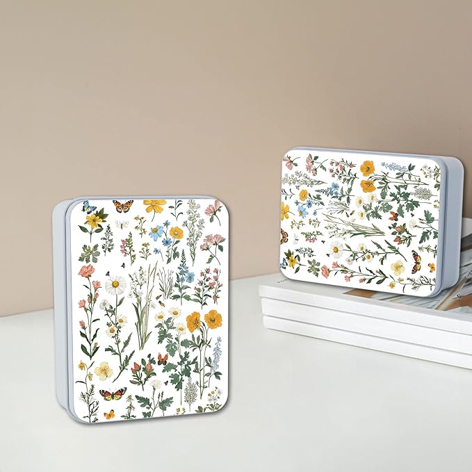 Metal Tin Box with Lid for Game Cards Home Organizer Candles Keys Crafts Storage - Equipped with 4 Magnetic Cord Clips，Flowers and Butterflies