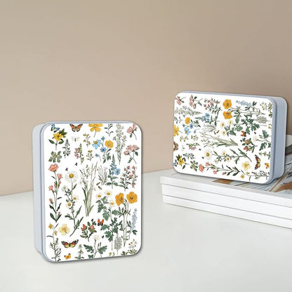 Metal Tin Box with Lid for Game Cards Home Organizer Candles Keys Crafts Storage - Equipped with 4 Magnetic Cord Clips，Flowers and Butterflies