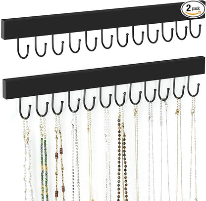 ZEDODIER 2 Pack Necklace Organizer Wall Mount, Wooden Jewelry Hanger Necklace Holder with 24 Hooks,Hanging Jewelry Organizer, Black