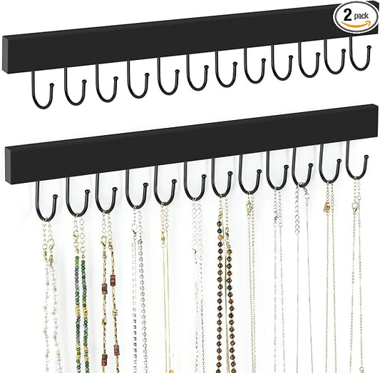 ZEDODIER 2 Pack Necklace Organizer Wall Mount, Wooden Jewelry Hanger Necklace Holder with 24 Hooks,Hanging Jewelry Organizer, Black