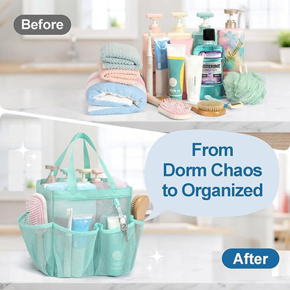 F-color Mesh Shower Caddy Portable, Upgrade Deeper 7 Pockets Shower Bag Basket Tote for College Dorm Room Toiletry Bathroom Essentials Gym Camp Quick Dry 2 handles with S Hook, Sage Green