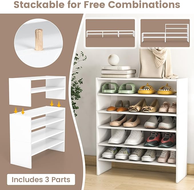 6-Tier Stackable Shoe Rack, Multi-Functional 3 Pcs Shoe Storage Shelves for Closet, 31 Inch Wide Shoe Organizer with Anti-Tipping Device, Ideal for Entryway Bedroom Living Room, White