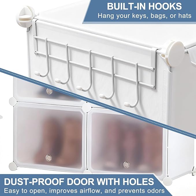 Simple Deluxe 8-Tier Shoe Rack Organizer with Doors, Stackable Shoe Storage Cabinet for Entryway Closet, Plastic Shoe Shelf with Metal Frame, Holds up to 32 Pairs for Bedroom Hallway, White