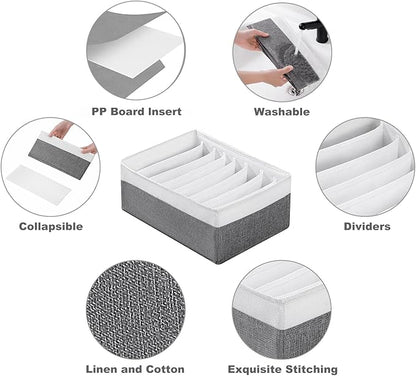 4 Packs T-shirt Drawer Organizers for Clothing,8 Grids Compartment Wardrobe Storage Box, Washable Clothes Organizer for Legging,Silk Scarve-12.59''x9.05''x5.9-GreyWhite