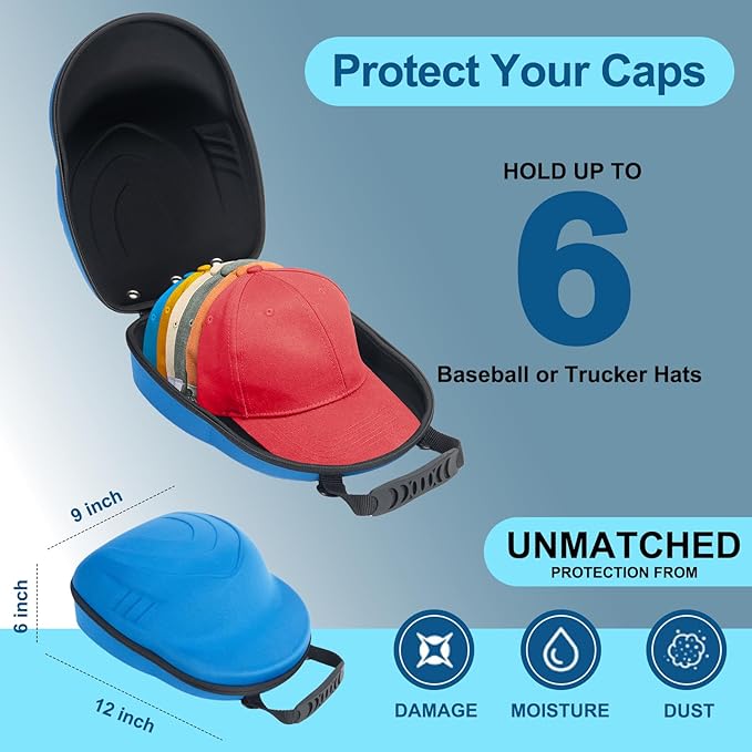 Glamgen Hard Hat Travel Case, Cap Storage for Baseball Caps with Adjustable Shoulder Strap and Carrying Handle, Hat Carrier Organizer Holder Bag up to 6 Hats for Women and Men Travel Home - Blue