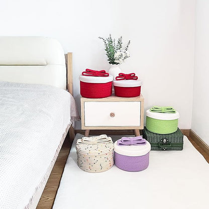 Small Storage Baskets with Lids, Round Woven Rope Basket with Lid, Cute Storage Box for Small Toy, Gift or Home Decor, Decorative Basket with Cute Bow Handle, Red