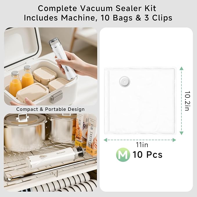 Mehomeli Compact Vacuum Sealer for Food (Vacuum Sealer Machine + 10 Reusable Vacuum Bags), Powerful Handheld Vacuum Sealer Machine, Seal Food 6X Fresh Longer, Portable & Wireless, Easy-Clean