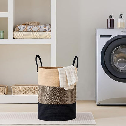 VIPOSCO Large Laundry Hamper, Tall Woven Rope Storage Basket for Blanket, Toys, Dirty Clothes in Living Room, Bathroom, Bedroom - 58L Brown & Black